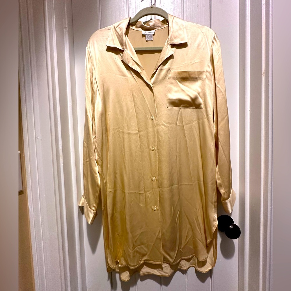 Vintage Lasoie Gold Silk Nightgown Sleep Shirt Pajamas Long Sleeves Size M Sexy